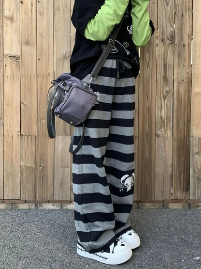Kimotimo Punk Anime Printed Striped Pants Women Harajuku Y2k Straight Casual Long Trousers 2025 Autumn Vintage Gothic Streetwear