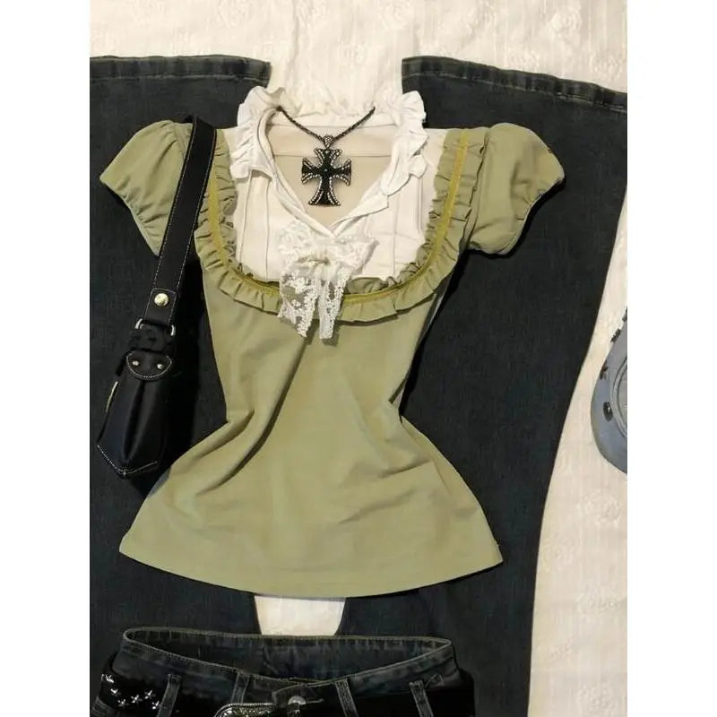 2000s Lace Trim Harajuku T Shirts Aesthetic Sweet Girl Summer Women Clothes Femme Trendy Green Kawaii Top Gentle Ruffle Y2k Tees