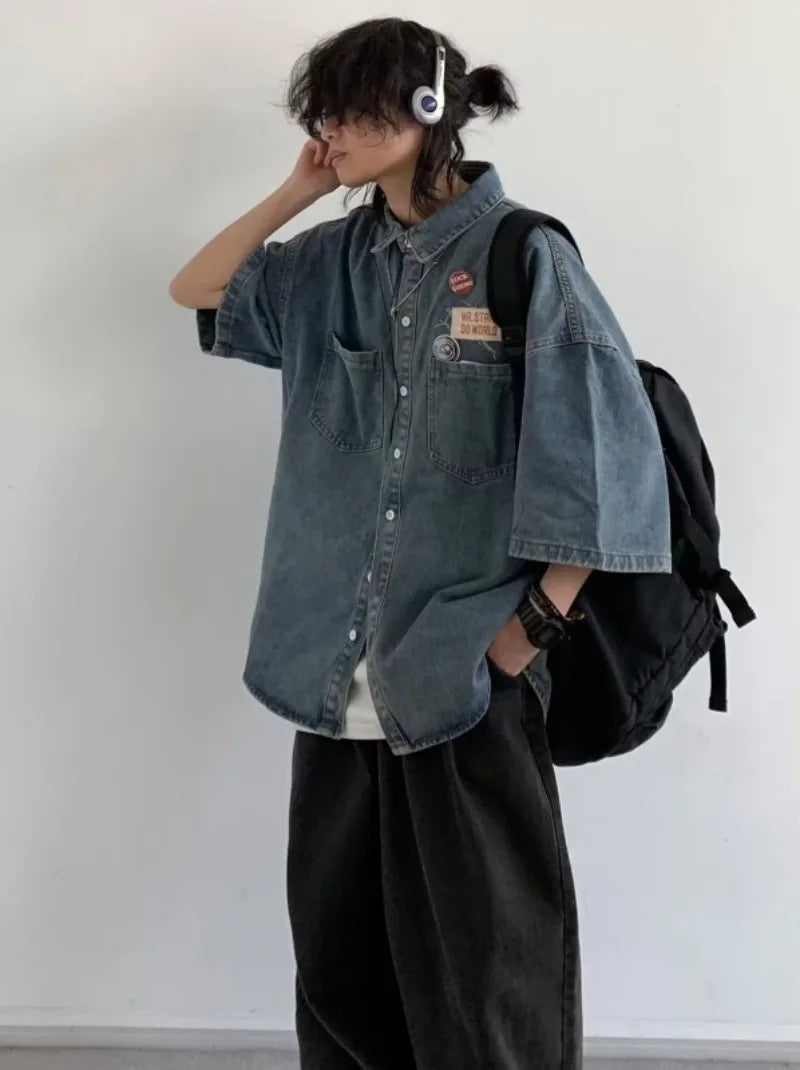 Harajuku Tooling Mens Sets 2024 Summer American Street Retro Denim Suit Hip Hop Printed Cowboy Shirt+Wide Leg Jeans 2-pcs New