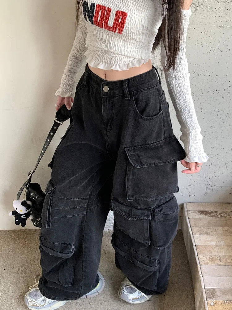 Trashy Y2K 2000S Streetwear Washed Black Baggy Jeans Cargo Pants For Women Clothes Multi Pockets Wide Leg Gothic Lady Trousers