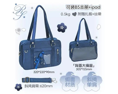 Japanese New Girls Silver Shoulder Bag Large Capacity Ribbon Itabag Student Women's Satin Messenger Bag Leather Backpacks