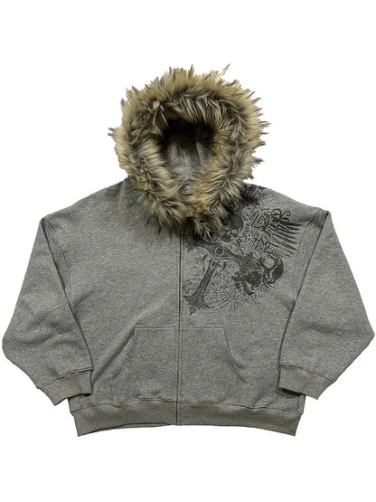 Dark Gothic Style Cross Design Printed Large Fur Collar Zipper Cardigan for Women 2026 Y2k Harajuku Spicy Girl Hooded Sweatshirt