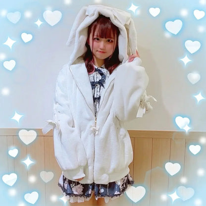 High Quality Japanese Winter New Sweet Cute Mine Cute Rabbit Ear Plush Cotton Coat Jacket Girl Lolita Fur Coats Women Parkas