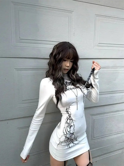 Women's Punk Print Long-Sleeve Hip Dress