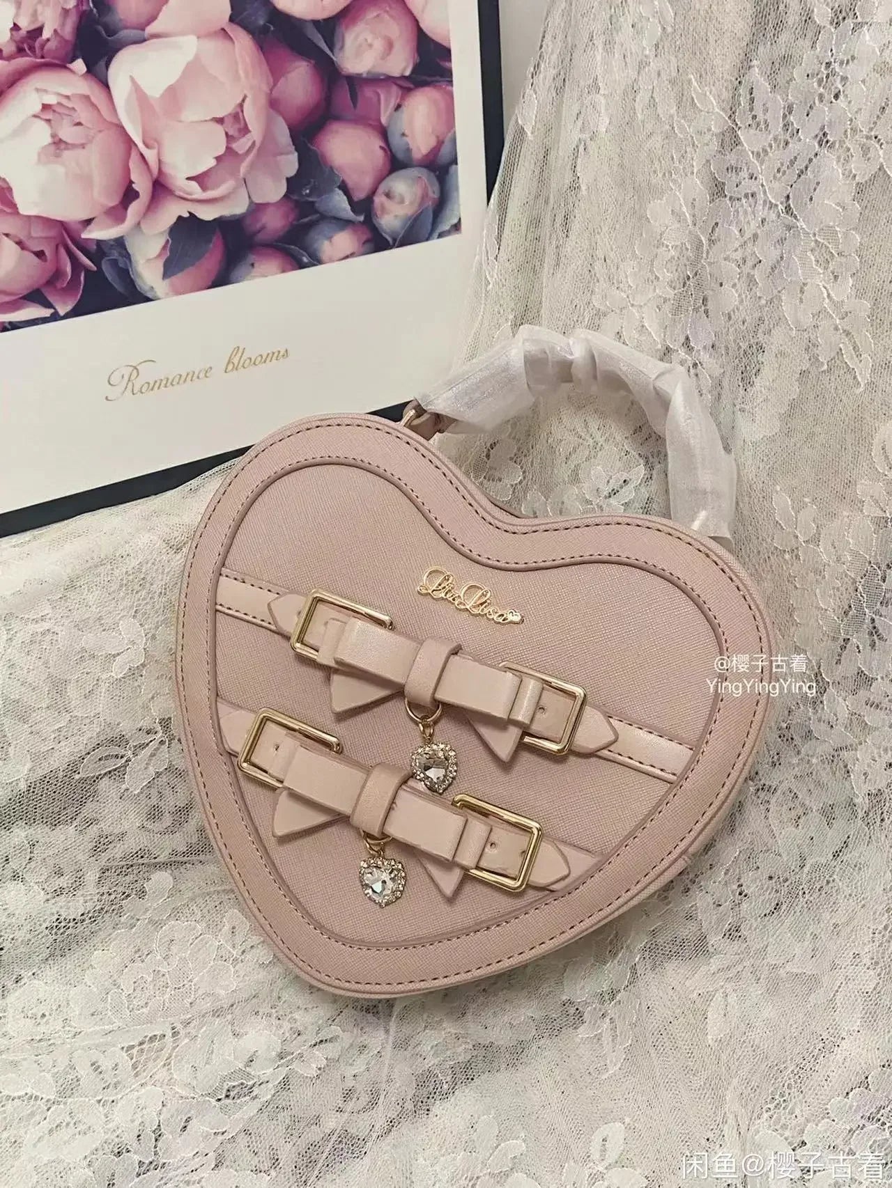 Japanese Style Liz Bag Mine Lolita Love Rhinestone Bow Crossbody Handbag Women Girls Sweet Heart Shaped Pink Pu Shoulder Bag