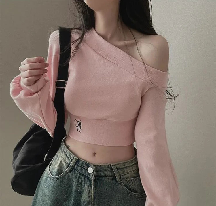 Slim Fit Long Sleeve Hoodie Women's Style Irregular Collar Show Shoulder Waist Cinching Short Length Commute Fashion  Color