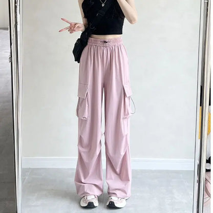 Bla Summer Thin Spor Wide Leg Casual Pants Qui Dry Jazz Dance Loose Fit Workwear Trousers High Waist Elastic Waisand