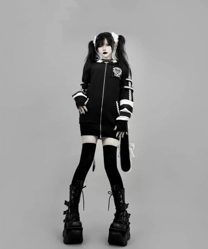 Japanese Harajuku Style Bow Sweet Cool Long-Ear Hooded Lace Trim Color-Block Zipper Long Cardigan Coat Gothic Hoodie Jacket