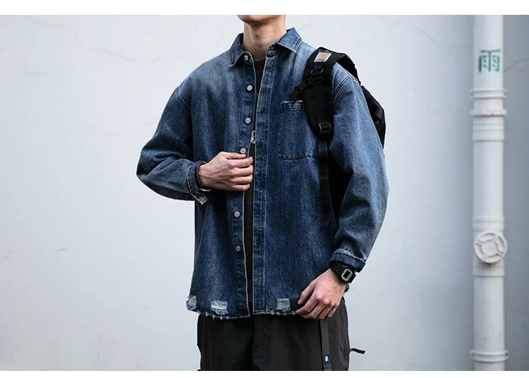 American Streetwear Wash Denim Shirts For Men Harajuku Casual Men'S Clothing Vintage Blue Lapel Cargo Coat Korean Long Sleeve
