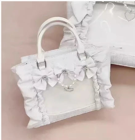 Japanese Style Mine Bags Women Ruffled Lace Lolita Girls Rhienstone Pearl Bowknot Square Tote Shoulder Portable Bolso Handbags