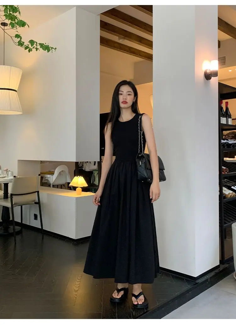 New Vintage Holiday Style Black Midi Dress Dresses for Women Clothing O Neck Office Lady Casual Pockets Women's Clothing