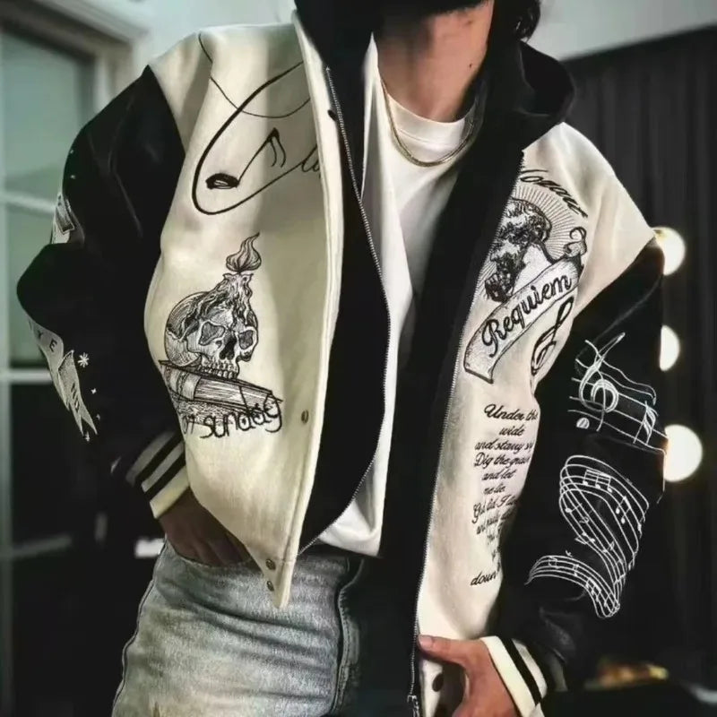 Embroidery bomber Jacket Men Splicing PU Leather Sleeves Spring Autumn Streewear varsity Jacket Baseball Coats Men Clothing