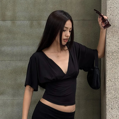 Sexy Deep V Neck Lace Spliced Tie Waist Slim Half Sleeve Crop Tee For Women