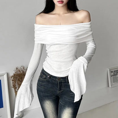 Y2k Aesthetic Simple Fashion Women's Tee Shirts Slash Neck Long Sleeve Solid Casual T-Shirts Vintage Off Shoulder Trendy Tshirts
