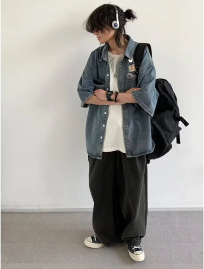 Harajuku Tooling Mens Sets 2024 Summer American Street Retro Denim Suit Hip Hop Printed Cowboy Shirt+Wide Leg Jeans 2-pcs New