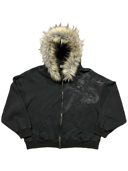 Dark Gothic Style Cross Design Printed Large Fur Collar Zipper Cardigan for Women 2026 Y2k Harajuku Spicy Girl Hooded Sweatshirt