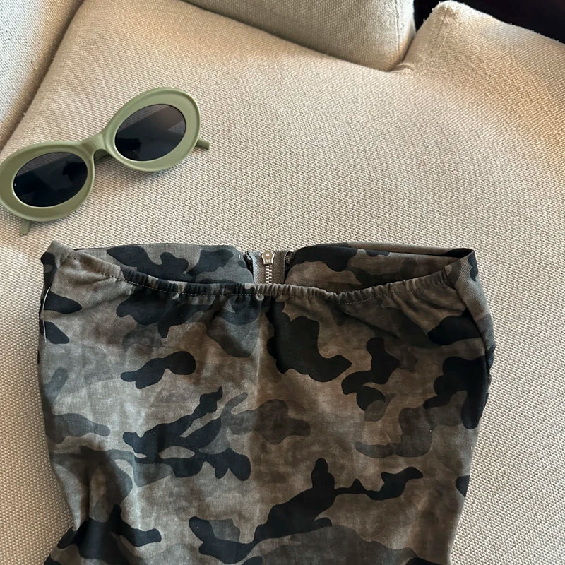 Sexy American Girl Camouflage Print Tube Top Vest Women's Summer Zipper Open Cardigan Shoulder Bared Short Style Top