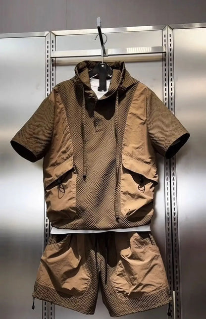 Fashionable Workwear Breathable Quick-drying Sports Suit Men's Textured Casual Hooded Short-sleeved Shorts Two-piece Set