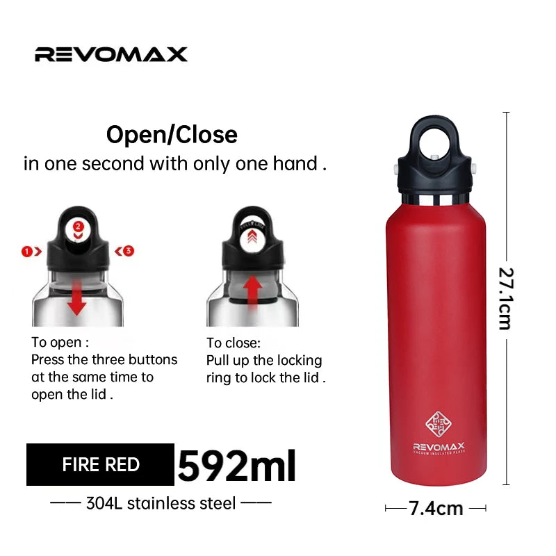 RevoMax-Double Wall Insulated Water Bottle, Outdoor Travel Sports Bottles, Stainless Steel Thermos for Tea, Thermal Cup, 600ml
