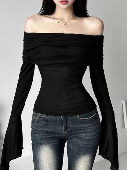Y2k Aesthetic Simple Fashion Women's Tee Shirts Slash Neck Long Sleeve Solid Casual T-Shirts Vintage Off Shoulder Trendy Tshirts