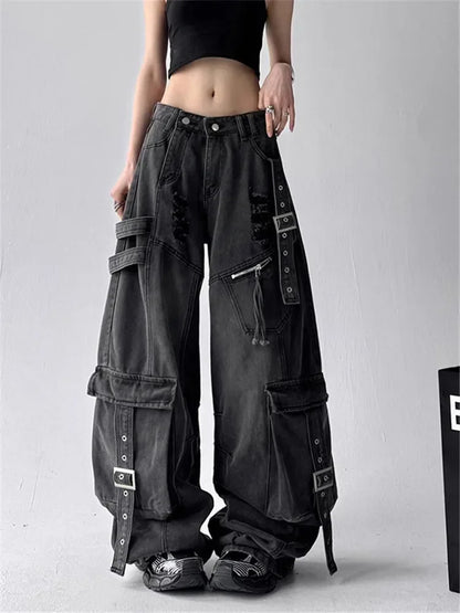 American Gothic Heavy-Industry Multi-Pocket Ripped Black Jeans Retro Fashion Men and Women Loose Wide Legs Casual Pants