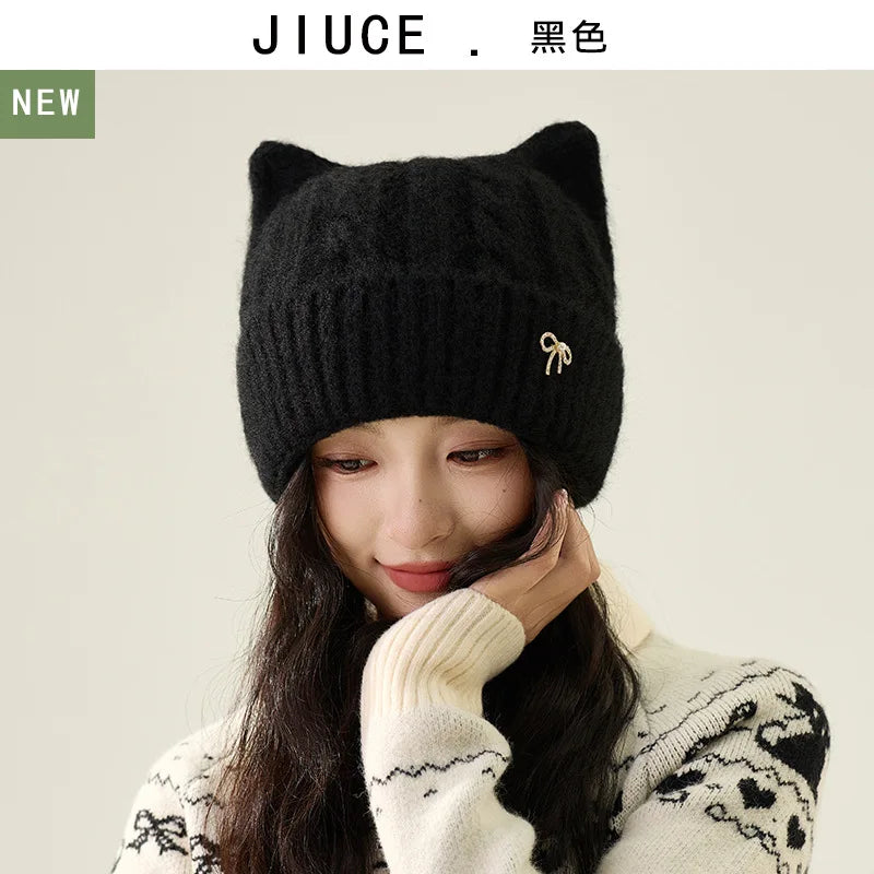 Cute Cartoon Cat's Ears Thickened Knit Hat women's Bow Wool Hat Ear Protection Warm Hat Bonnets Beanies 4m730
