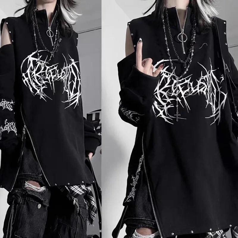 Kimotimo Punk Printed Long Sleeve T-shirt Women Harajuku Off Shoulder Zipper Stand Collar Niche Tops Vintage Gothic Loose Tees