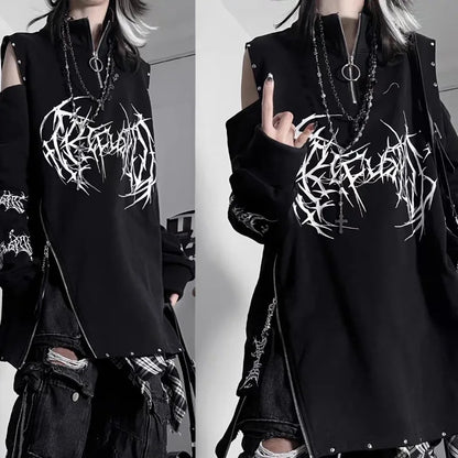 Kimotimo Punk Printed Long Sleeve T-shirt Women Harajuku Off Shoulder Zipper Stand Collar Niche Tops Vintage Gothic Loose Tees