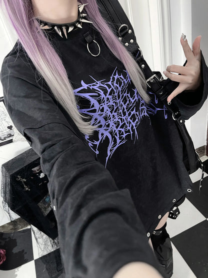 Original Print Subculture Dark Loose Long Sleeve Pure Cotton T-Shirt Japanese Punk Gothic Long Sleeve Round Neck Cool Girl Top