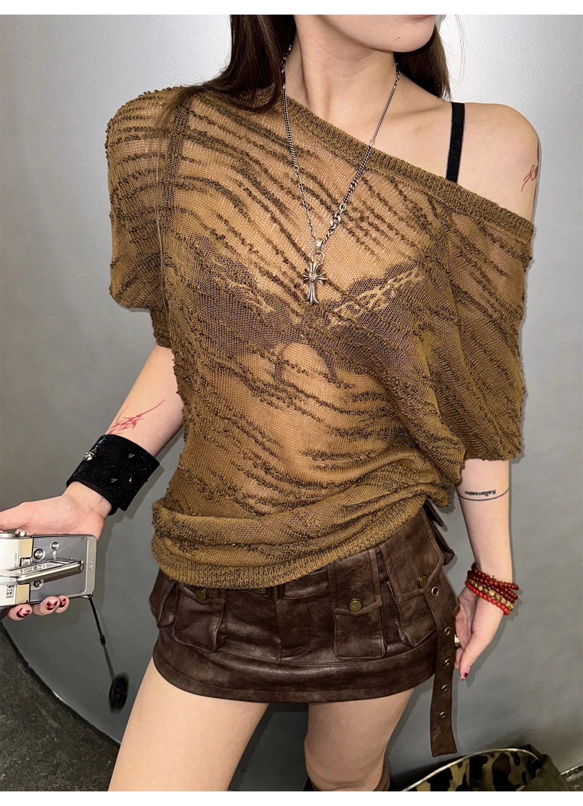Lautaro Spring Summer Cool Sexy Vintage Distressed Brown Pu Leather Mini Skirt Women Three-dimensional Pockets Belt Streetwear