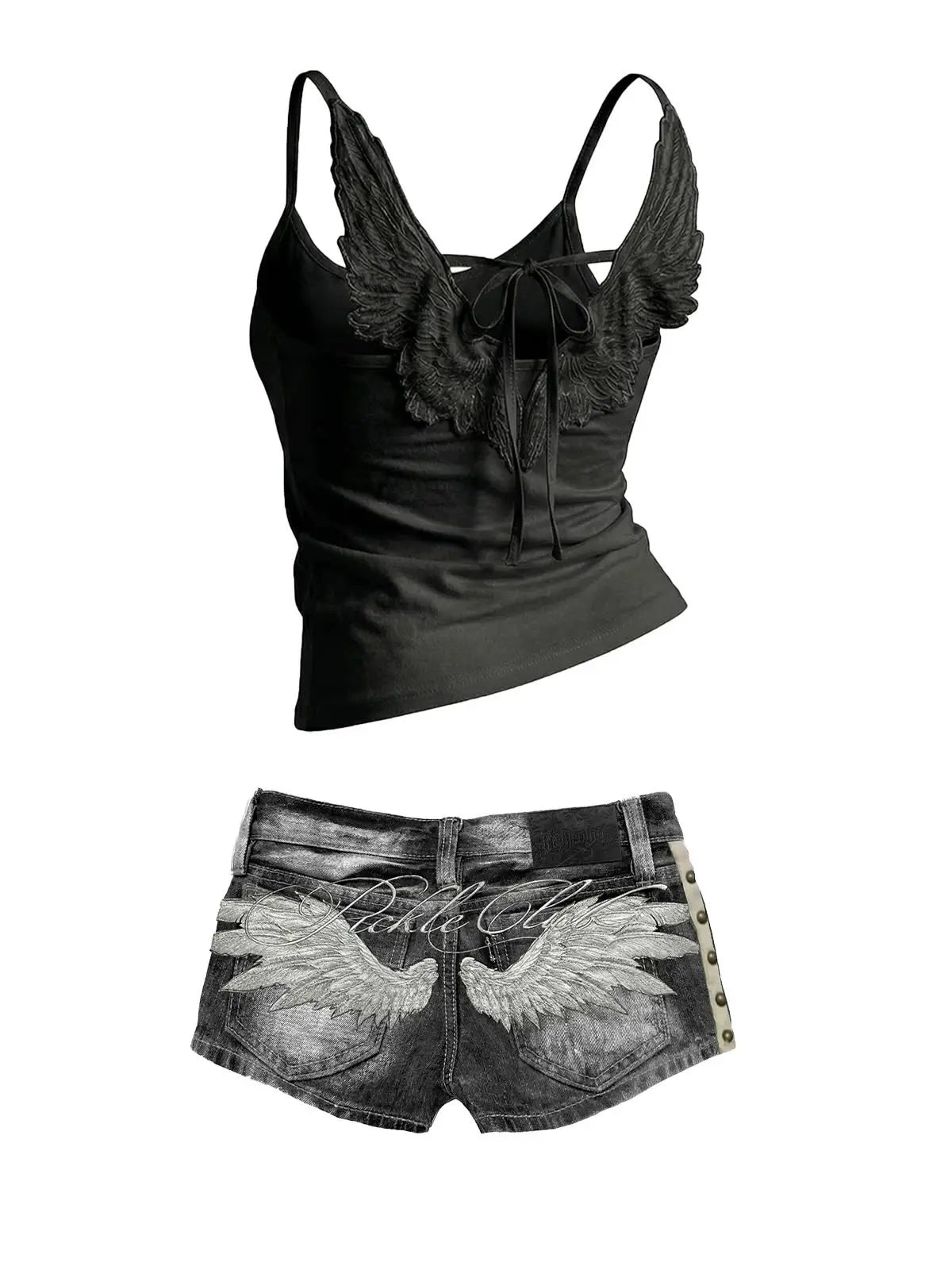 Women's Y2K Angel-Wing Denim Shorts Set
