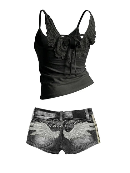 Women's Y2K Angel-Wing Denim Shorts Set