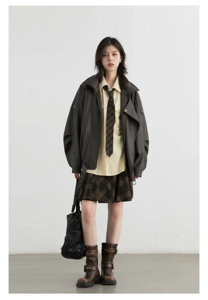 CHIC VEN Woman PU Jacket Solid Loose New Retro Standing Collar Motorcycle Faux Leather Coat Female Top Spring Autumn 2026