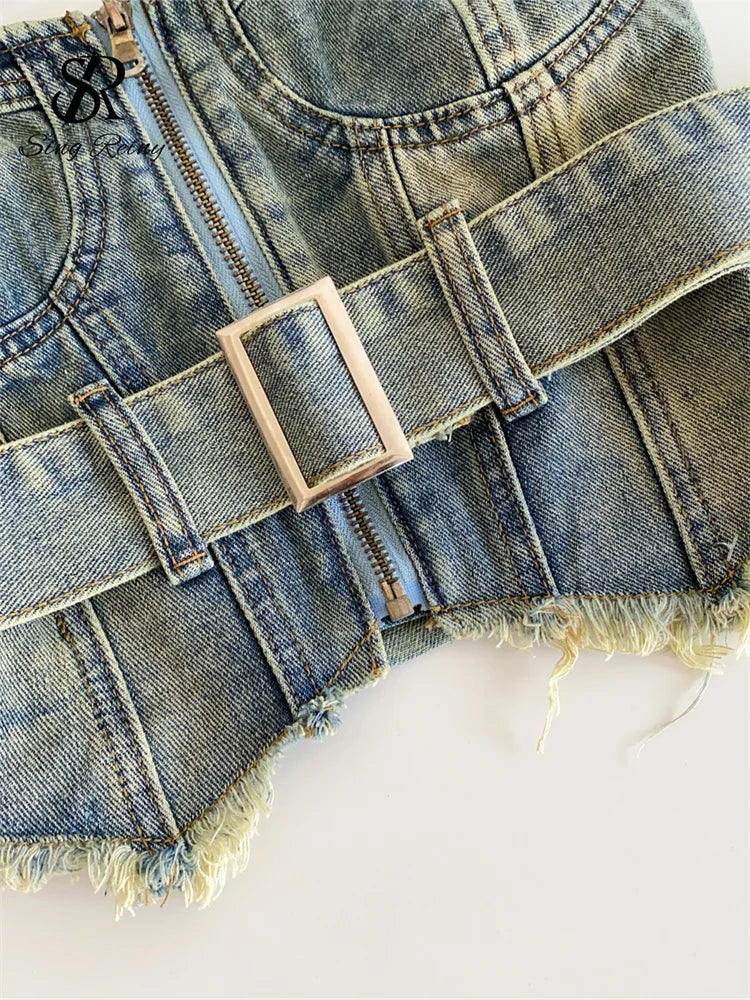 SINGREINY Vintage Denim Strapless Camis Backless Irregular Raw Hem Slim Distressed Crop Top Ladies Sashes Sexy Club Lingerie Top