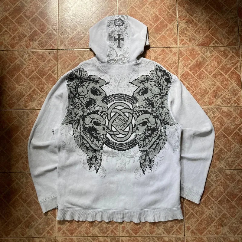 2025 American Vintage Oversized Skull Graphic Zipper Hoodie Men Y2K Harajuku Hip Hop Gothic Couple Casual Joker Sweatshirt Coats