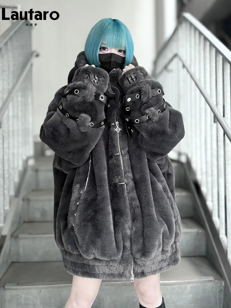 Lautaro Autumn Winter Thick Warm Faux Fur Coat Women with Hood Zipper Luxury - APEX RITUAL women's jackets & coats