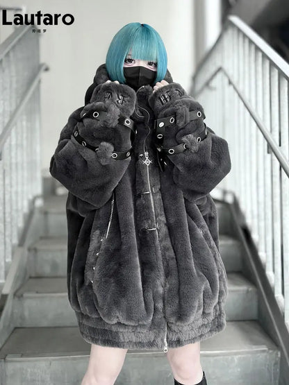 Lautaro Autumn Winter Thick Warm Faux Fur Coat Women with Hood Zipper Luxury - APEX RITUAL women's jackets & coats