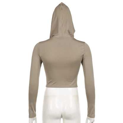 Women's Hooded Crop Tops Autumn Solid Color Long Sleeve Cowl Neck Slim Fit Short T-Shirt Streetwear Sporty Basics Tees