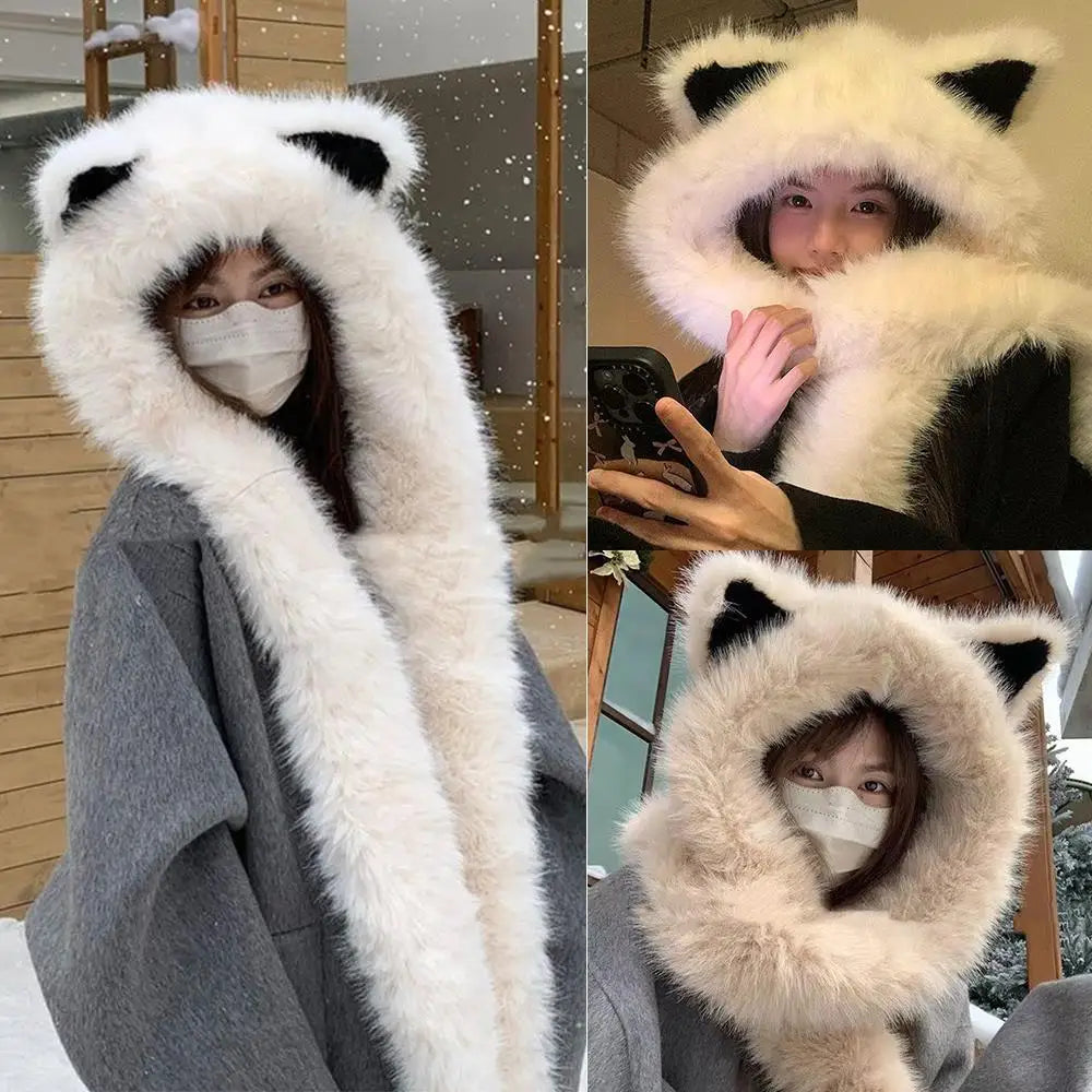2025 New Women's Plush Fox Ear Bucket Hat Windproof Integrated Cap Scarf Trendy Cute Plush Neck Warm Hat Scarf Balaclava Hat