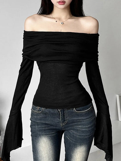 Y2k Aesthetic Simple Fashion Women's Tee Shirts Slash Neck Long Sleeve Solid Casual T-Shirts Vintage Off Shoulder Trendy Tshirts