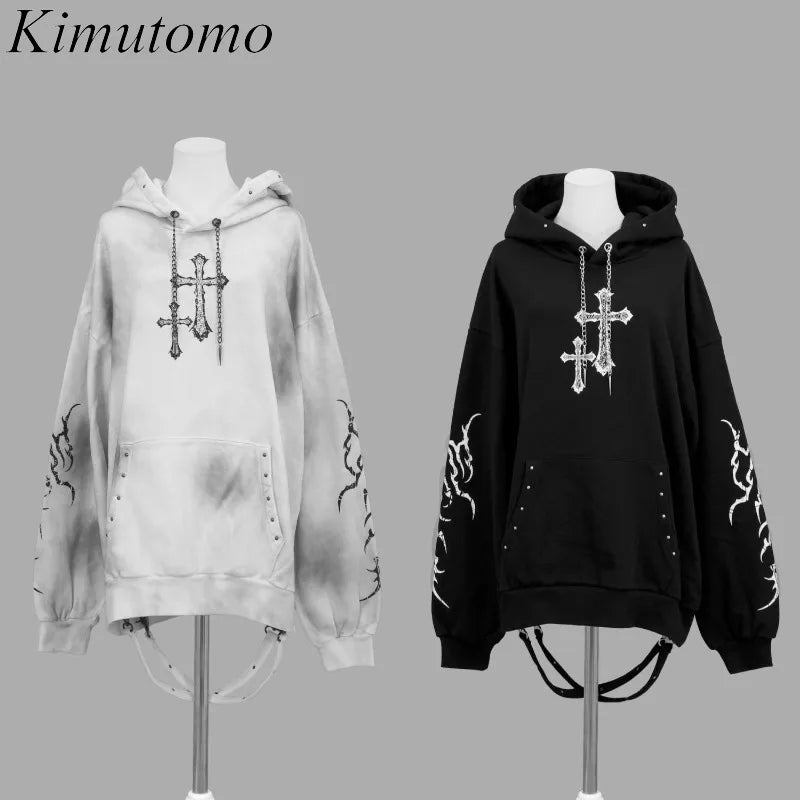 Kimutomo Hoodies Women Autumn Winter Fashion Y2k Aesthetic Harajuku Grunge Gothic Cross Printed Loose Sweatshirts Female