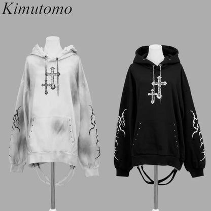 Kimutomo Hoodies Women Autumn Winter Fashion Y2k Aesthetic Harajuku Grunge Gothic Cross Printed Loose Sweatshirts Female
