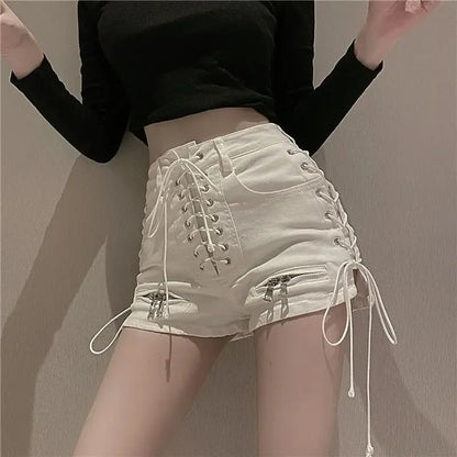 2024 New Bandage Sexy Denim Shorts Women Streetwear Gothic Jeans Mini High Waist Lace Up Casual Zip Black Goth Club Fashion