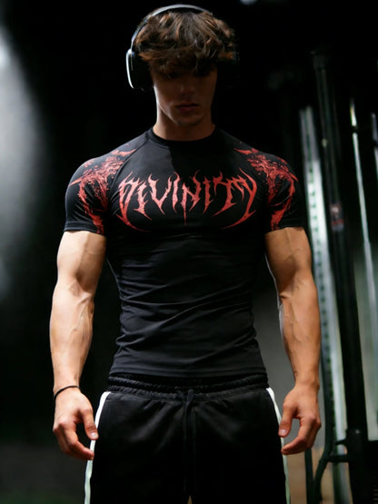 Men'S Athletic Fitness T-Shirt, Summer Quick-Dry Compression Shirt, Stylish Gothic Print Men'S Sports Top