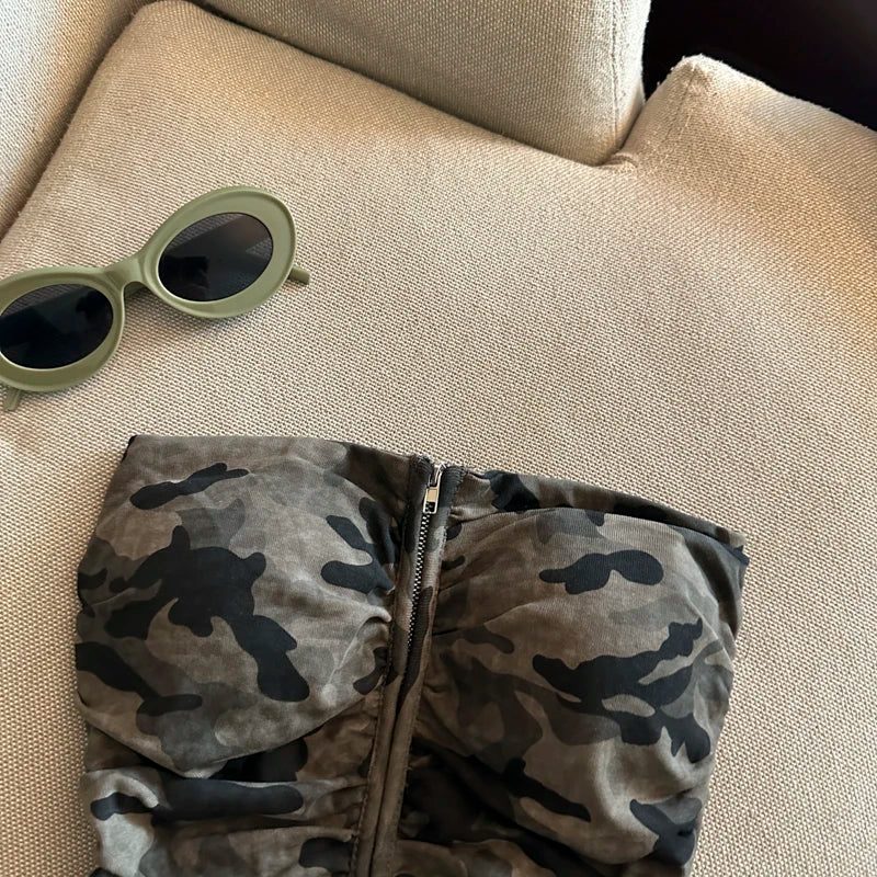 Sexy American Girl Camouflage Print Tube Top Vest Women's Summer Zipper Open Cardigan Shoulder Bared Short Style Top