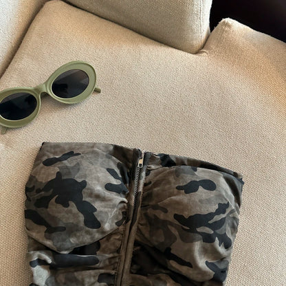 Sexy American Girl Camouflage Print Tube Top Vest Women's Summer Zipper Open Cardigan Shoulder Bared Short Style Top