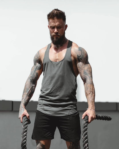 Men’s Gym Stringer Tank Top – Muscle Fit Sleeveless Workout Shirt, Deep Scoop Neck Racerback for Bodybuilding & Training