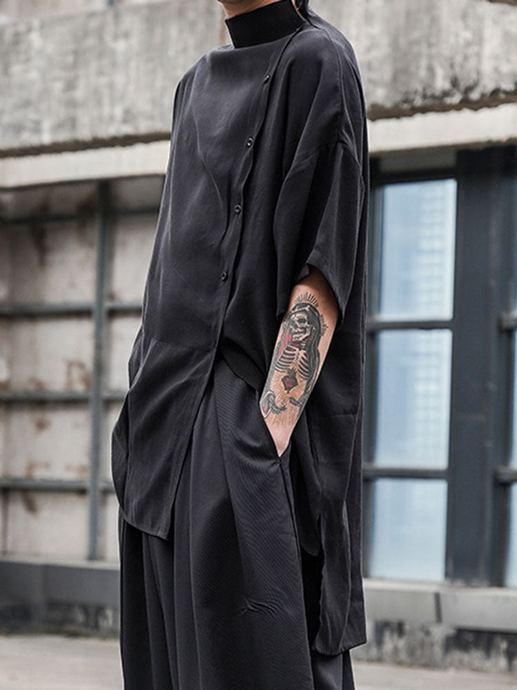 Japanese Stylish Retro Harajuku Button Blouses Men's Five-point Sleeve Small Stand Collar Loose Large Size Korean Shirt