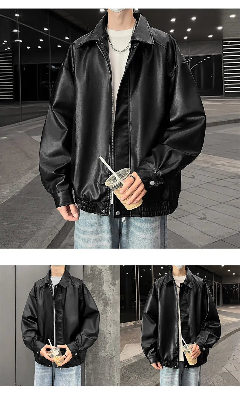 Youth Fashion Men Leather Jacket Casual Zipper Black Motorcycle Waterproof Windproof Pu Bomber Coat