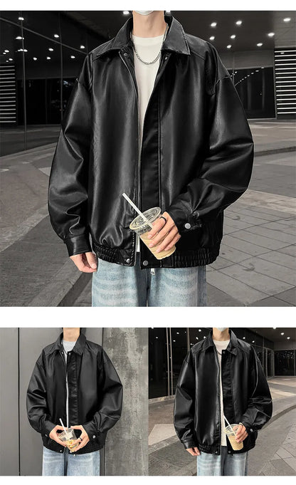 Youth Fashion Men Leather Jacket Casual Zipper Black Motorcycle Waterproof Windproof Pu Bomber Coat